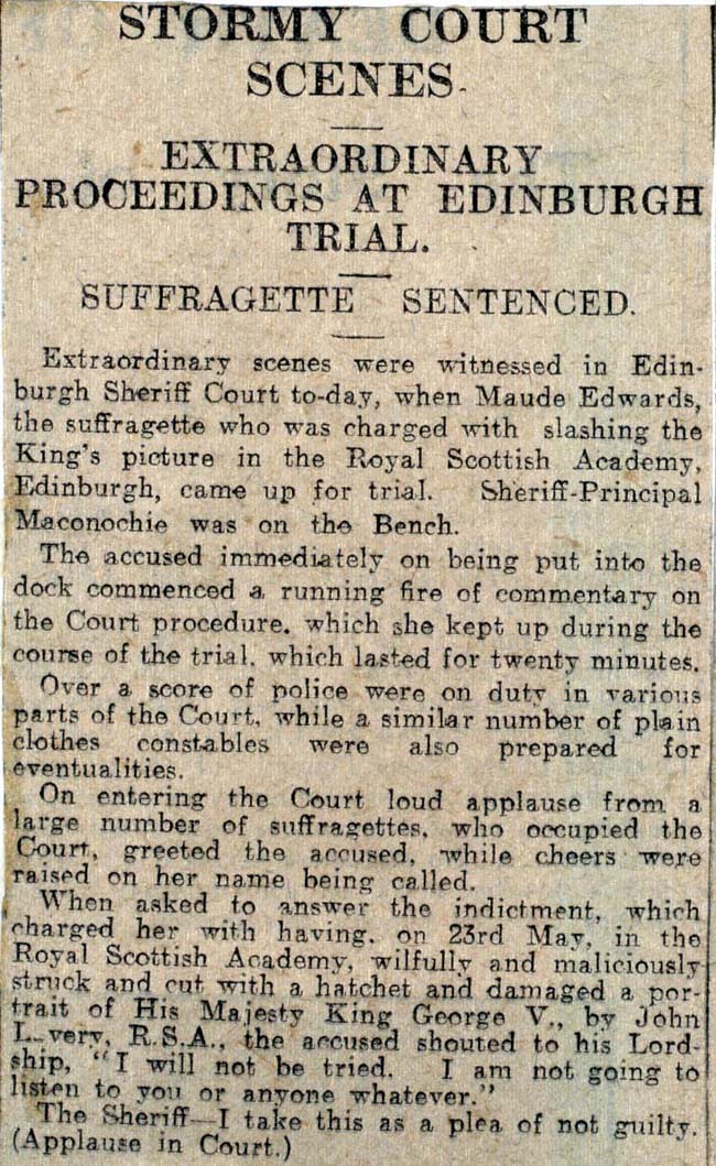 Report of Maude Edward's trial published in the Edinburgh Evening Dispatch, 3 July 1914, National Records of Scotland reference: HH16/47